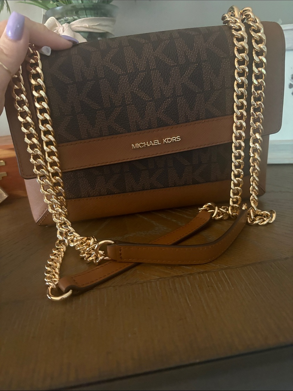 Michael Kors Brown Logo and Saffiano Leather Chain Crossbody